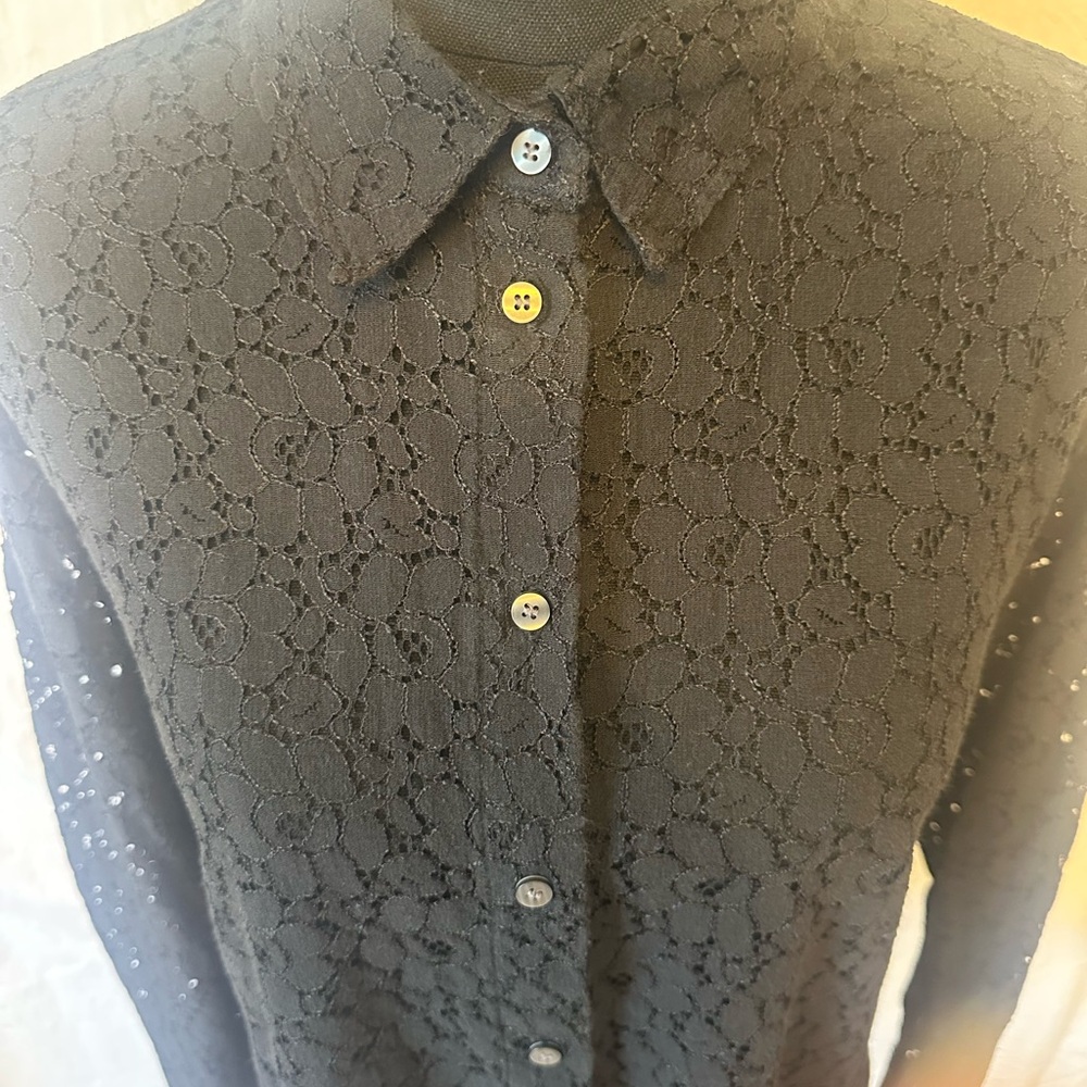 GAP Black Lace Button Down Shirt Sheer Floral Collared Blouse – Size L - Picture 3 of 8